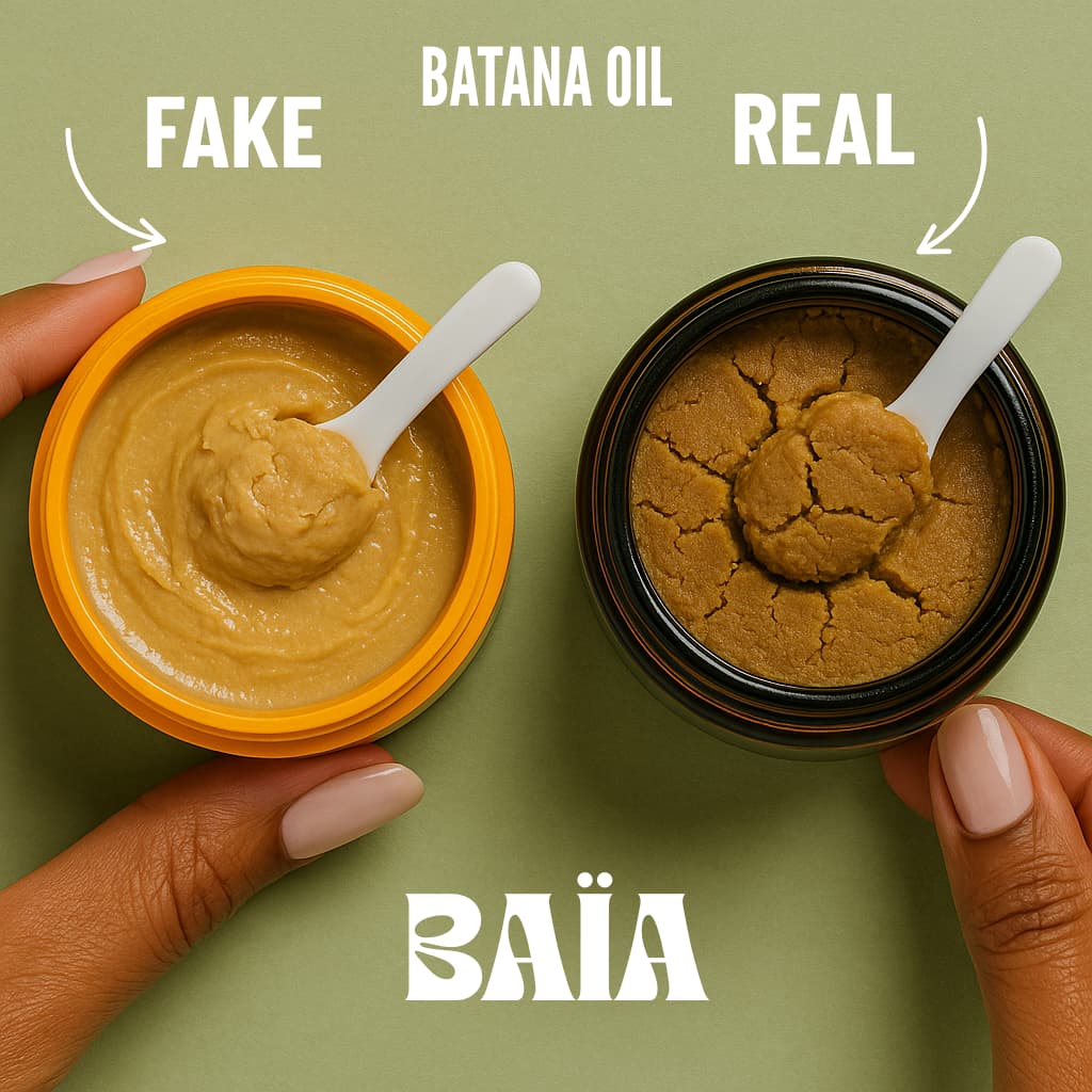 Real vs Fake batana oil in jars. Difference in texture. Creamy is fake, more rigid is real batana oil.